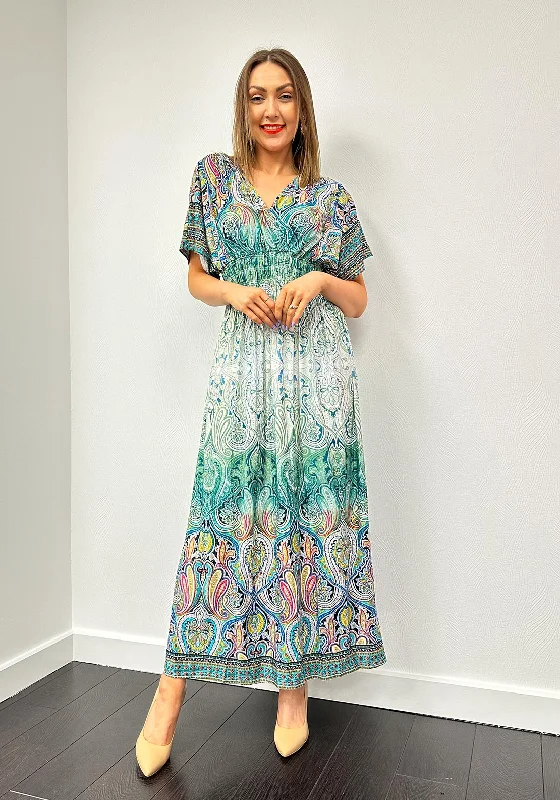 Serafina Collection One Size Paisley Maxi Dress, Green Trendy Maxi Dress with Straps