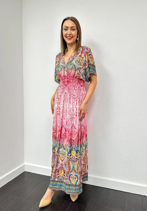 Serafina Collection One Size Paisley Maxi Dress, Pink Elegant Silk Maxi Dress