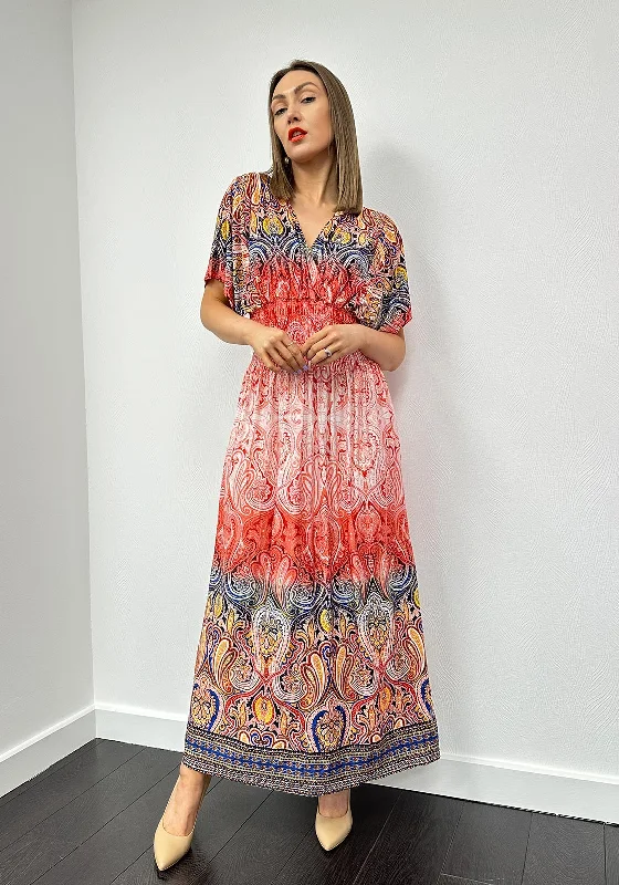 Serafina Collection One Size Paisley Maxi Dress, Red Trendy Fit-and-Flare Maxi Dress