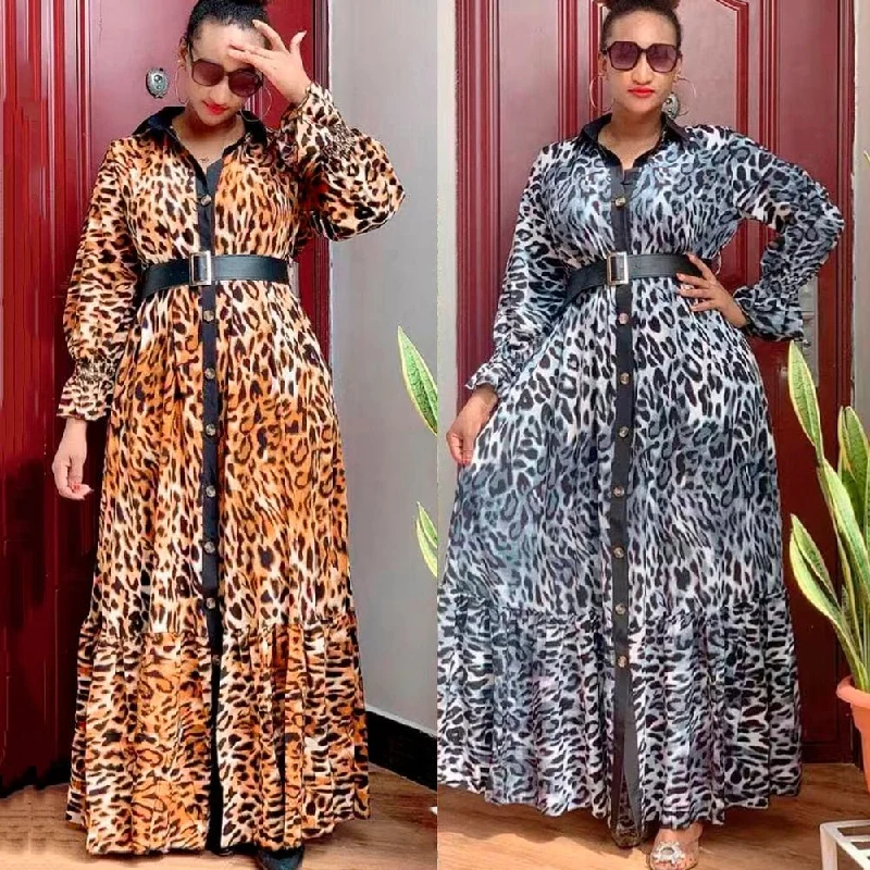 Wild Safari Chic: Plus Size African Print Leopard Maxi Dress with Fashion Abaya Classic Solid Maxi Dress