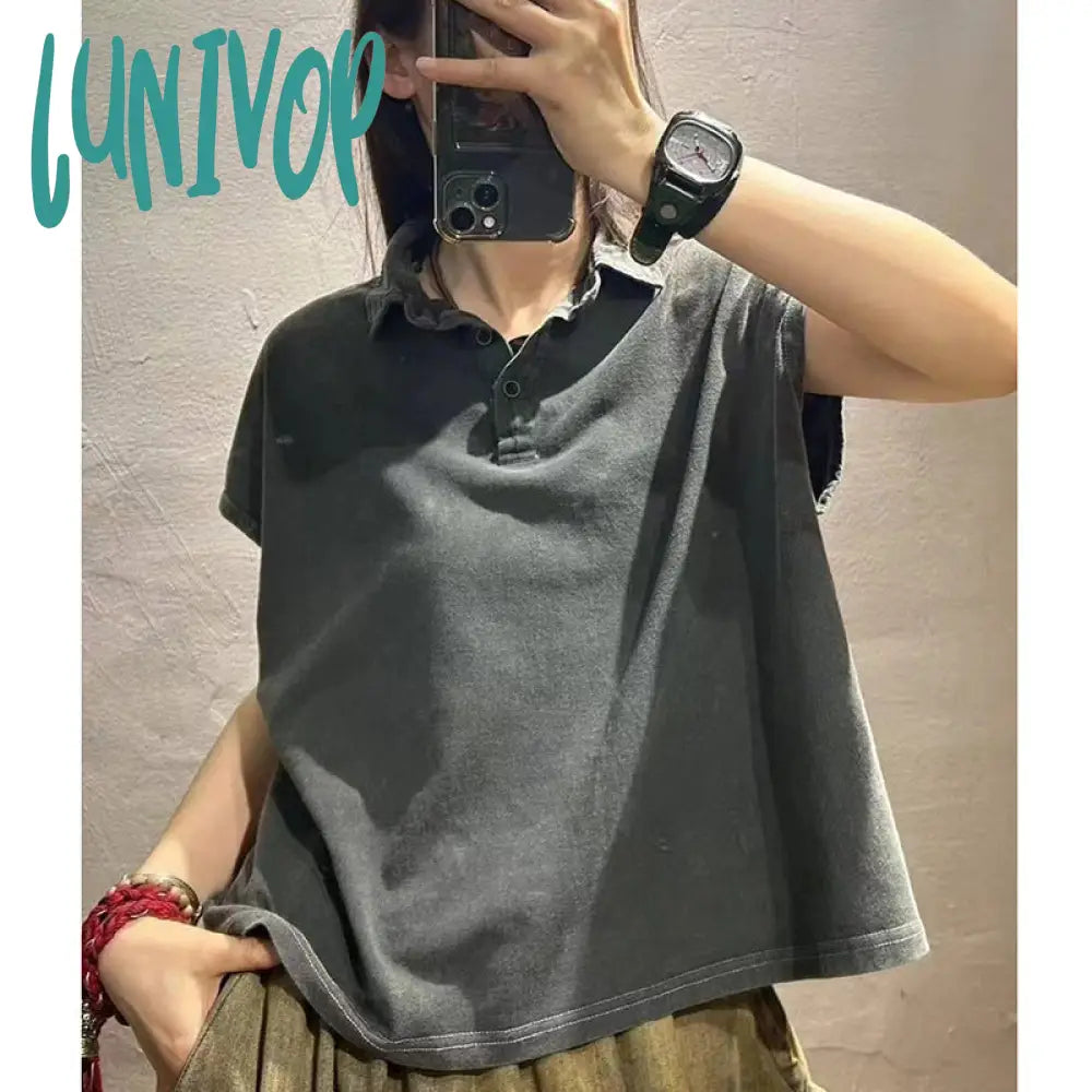 Lunivop outfit inspo 2024 Summer New Pure Color Simple Lapel Pullover Short-Sleeved T-shirt Women's Loose All-Match Casual Cotton Top Ribbed T-Shirt High Neck Heavyweight Lunivop outfit inspo 2024 Summer New Pure Color Simple Lapel Pullover Short-Sleeved T-shirt Women's Loose All-Match Casual Cotton Top Ribbed T-Shirt High Neck Heavyweight