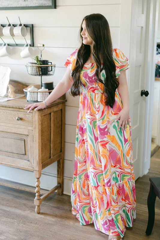 Multicolored Marble Maxi Dress Chic Button-Up Maxi Dress