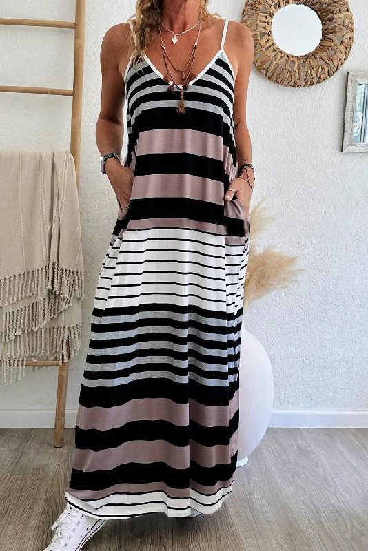 Mixed Stripes Spaghetti Straps V Neck Maxi Dress Casual Maxi Dress with Pockets