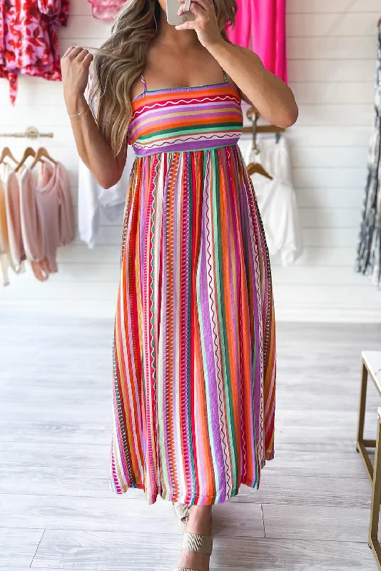 Striped Thin Straps Smocked Back Boho Maxi Dress Elegant Maxi Dress with Drapes