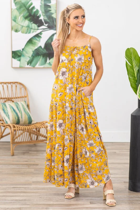 Mustard Floral Print Maxi Dress Stylish Longline Maxi Dress