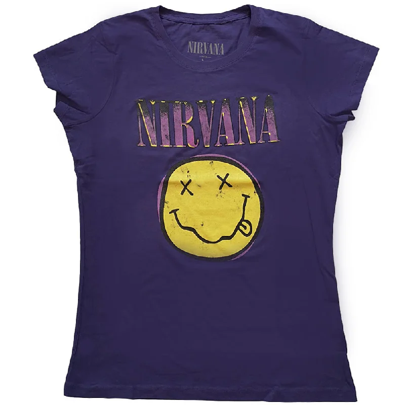 Nirvana Ladies T-Shirt: Xerox Happy Face Pink Rayon Velvet Corduroy