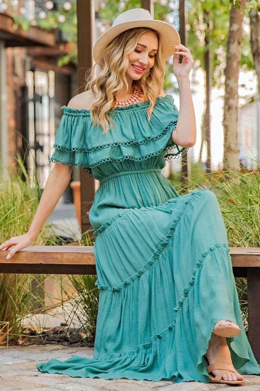 OFF THE SHOULDER RUFFLE MAXI DRESS Comfortable Cotton Maxi Dress