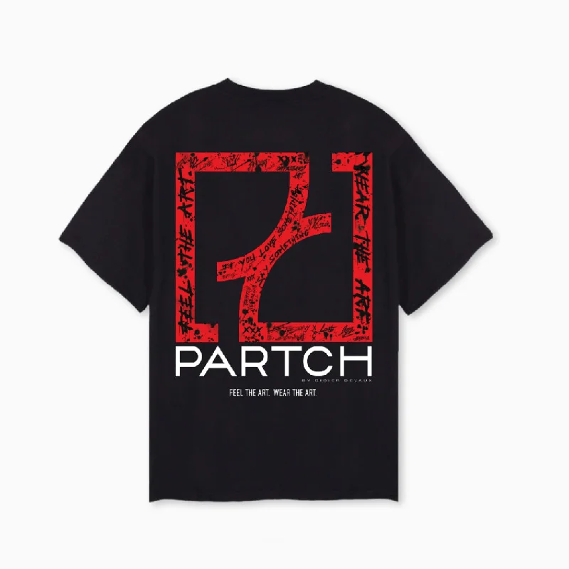 PARTCH Art Red Oversized Tee Organic Cotton Black Mesh Blend Leather Blend Suede Blend