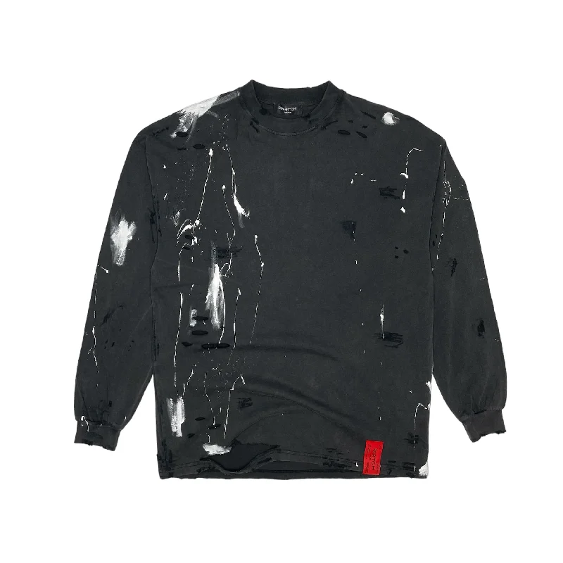 PARTCH Distressed Paint Splatters Oversized T-Shirt L/S Vintage Black Collared Crew Neck Turtle Neck