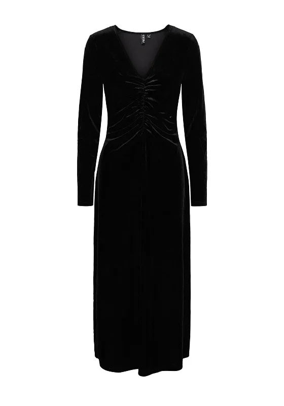 Pieces Natalie Ruched Velvet Maxi Dress, Black Classic Strapless Maxi Dress