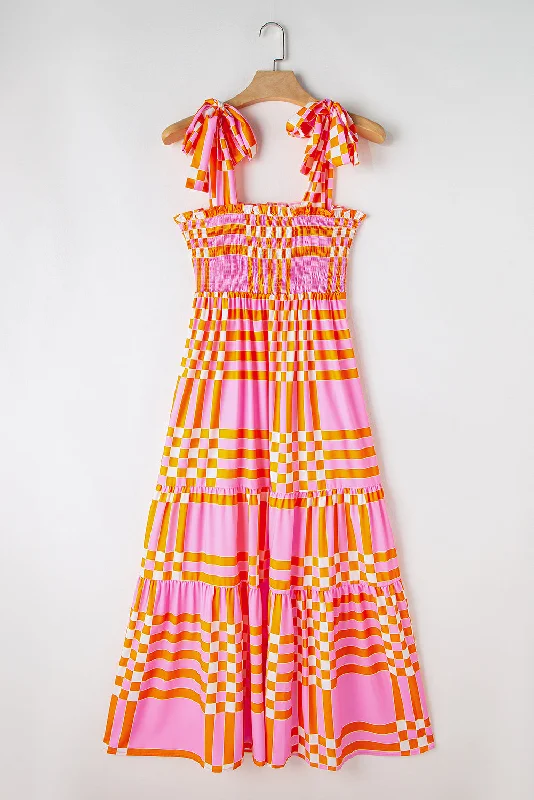 Boho Gingham Tied Straps Smocked Maxi Dress Fashionable Faux Wrap Maxi Dress