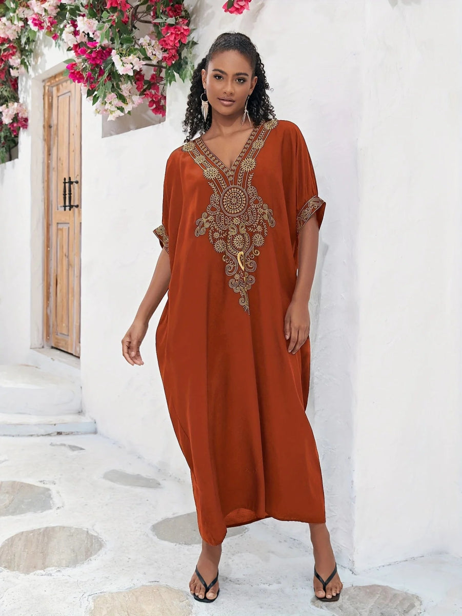 Plus Size Boho Maxi Dress for Ramadan, Women's V Neck Geometric Print Kaftan with Batwing Sleeves Chic Summer Floral Maxi Dress