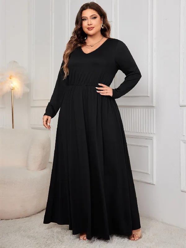 Plus Size Cutout V-Neck Long Sleeve Maxi Dress Fashionable Asymmetrical Maxi Dress