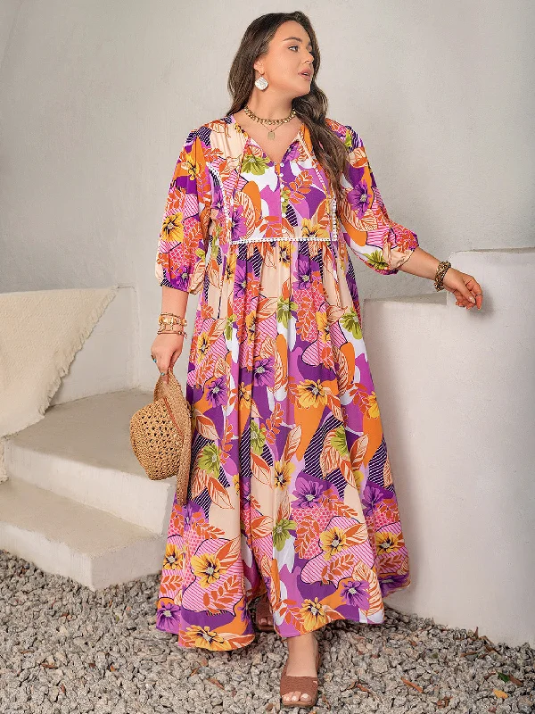 Plus Size Printed Tie Neck Maxi Dress Elegant Sleeveless Maxi Dress