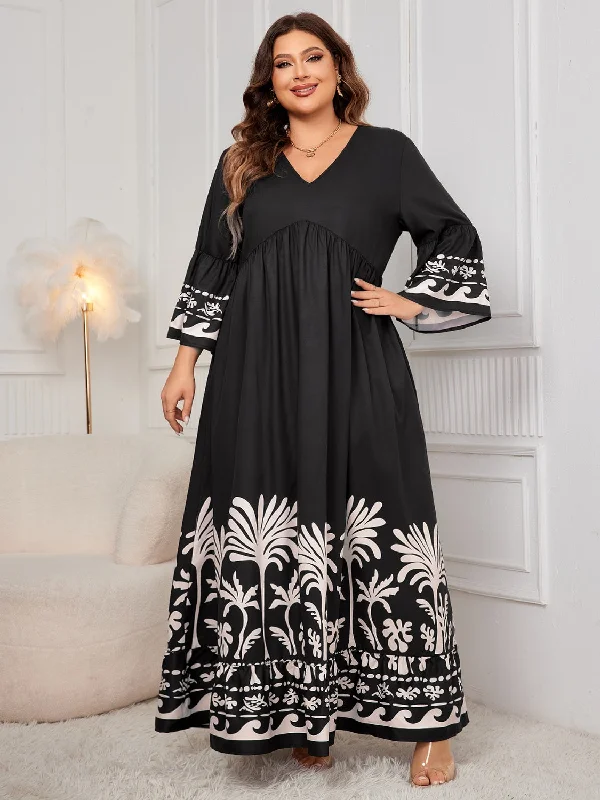 Plus Size Printed V-Neck Long Sleeve Maxi Dress Elegant Floral Maxi Dress