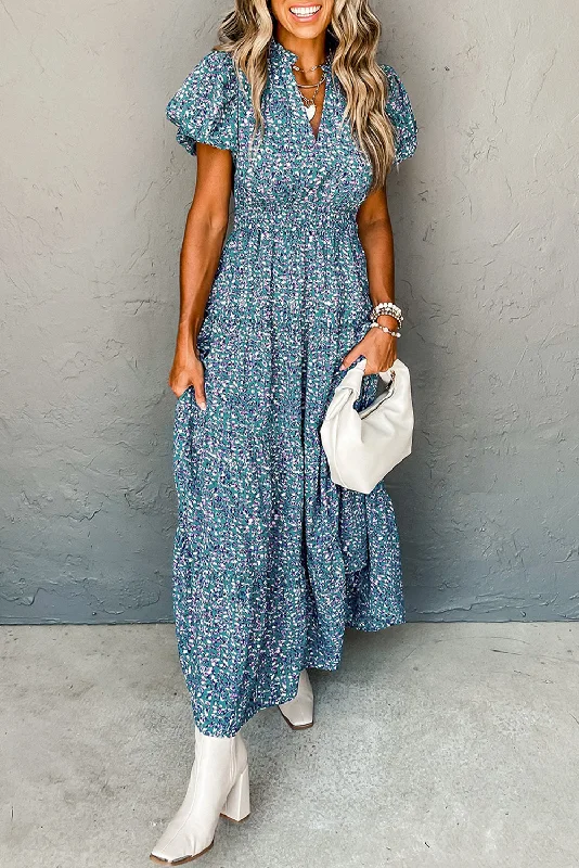 Printed V Neck Shirred Short Puff Sleeve Maxi Dress Cozy Maxi Dress with Slit