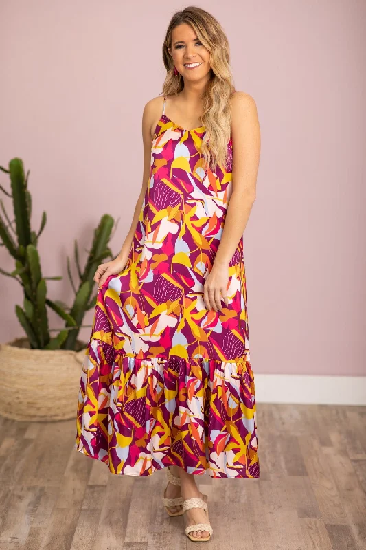 Raspberry and Yellow Tropical Print Maxi Dress Trendy V-Neck Maxi Dress