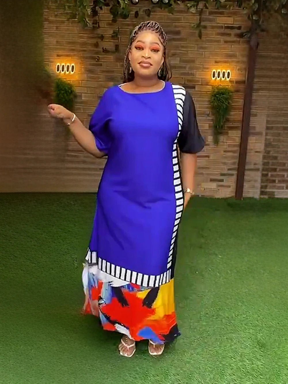 Refined African Dresses: Muslim Fashion Maxi Dress with Short Sleeves, Loose Fit, Dashiki Ankara Print Stylish One-Shoulder Maxi Dress