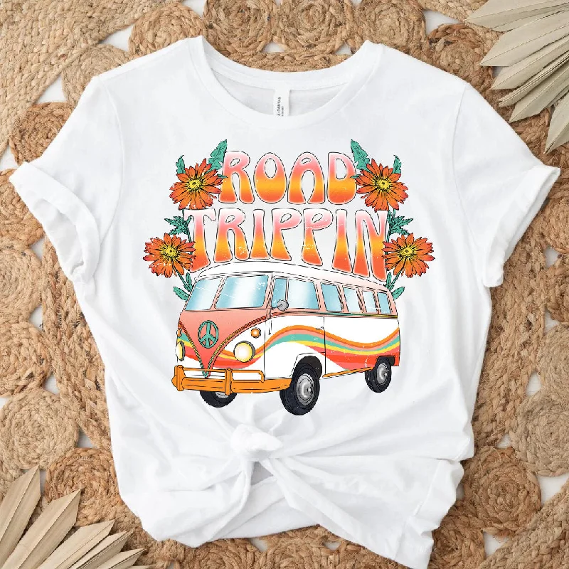 Road Trippin Groovy Retro Van Tee - Beach Van Tee - Vintage Camper Tee - Wanderlust - Aesthetic Tee - White Bella Canvas Women's Unisex Tee Denim Fabric Leather Fabric Suede Fabric