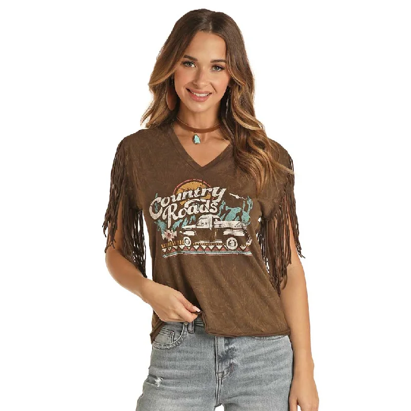 Rock & Roll Cowgirl Women's Fringe Graphic Tee Welt Pockets Slit Pockets