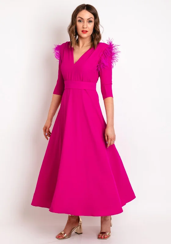 Role Mode Alena Feather Trim Shoulder Maxi Dress, Fuchsia Trendy Maxi Dress with Bow