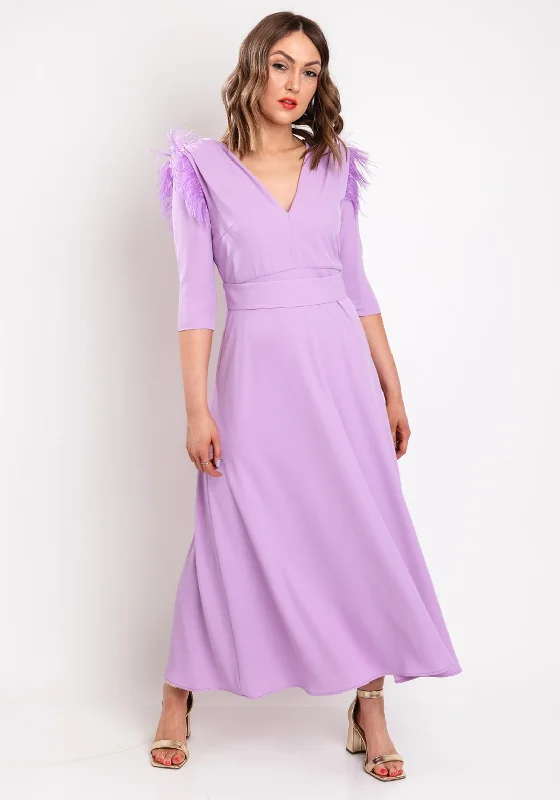 Role Mode Alena Feather Trim Shoulder Maxi Dress, Lilac Fashionable Chiffon Tiered Maxi Dress