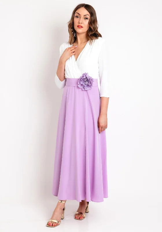 Role Mode Milana Two Tone Corsage Belt Maxi Dress, Ivory & Lilac Cozy Ribbed Maxi Dress