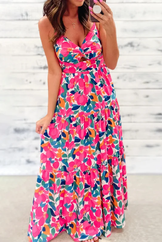 Rose Floral Twisted Smocked Back Tiered Maxi Dress Elegant Wraparound Maxi Dress