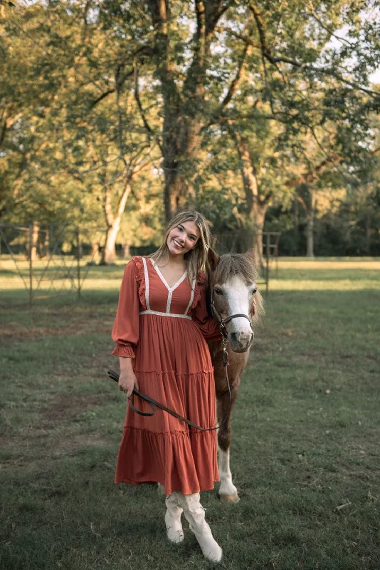 Rust Lace Detail Tiered Maxi Dress Elegant Wraparound Maxi Dress