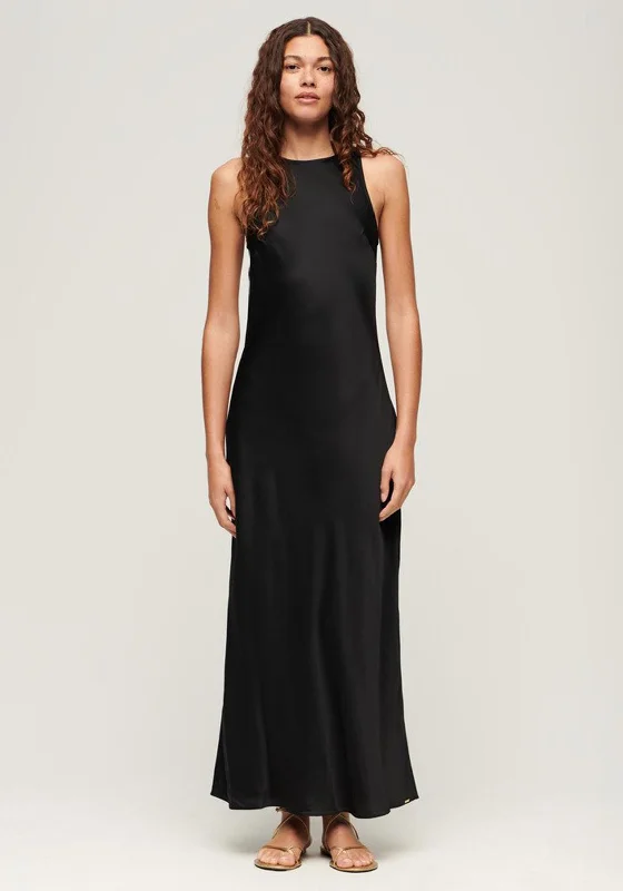 Superdry Womens Satin Racer Maxi Dress, Black Comfortable Cotton Maxi Dress