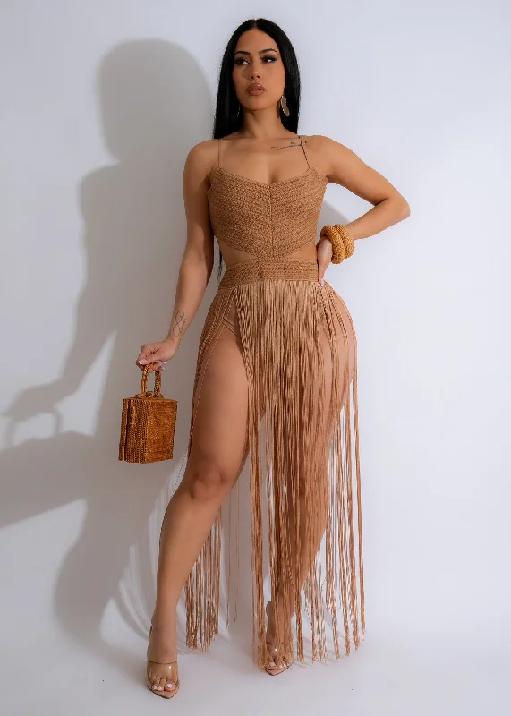 Sexy Summer Fringe Maxi Dress Brown Trendy Button Front Maxi Dress