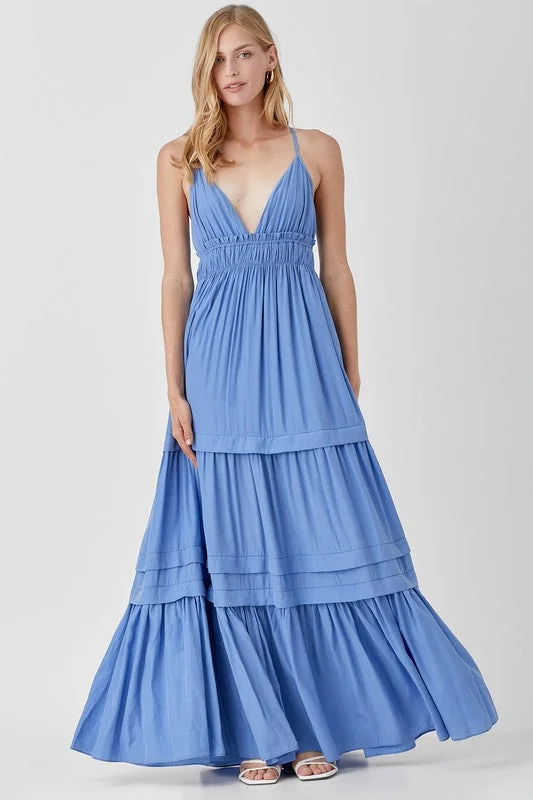 Shirred Ruffle Folded Detail Maxi Dress  *Online Only* Casual Maxi Dress with Pockets