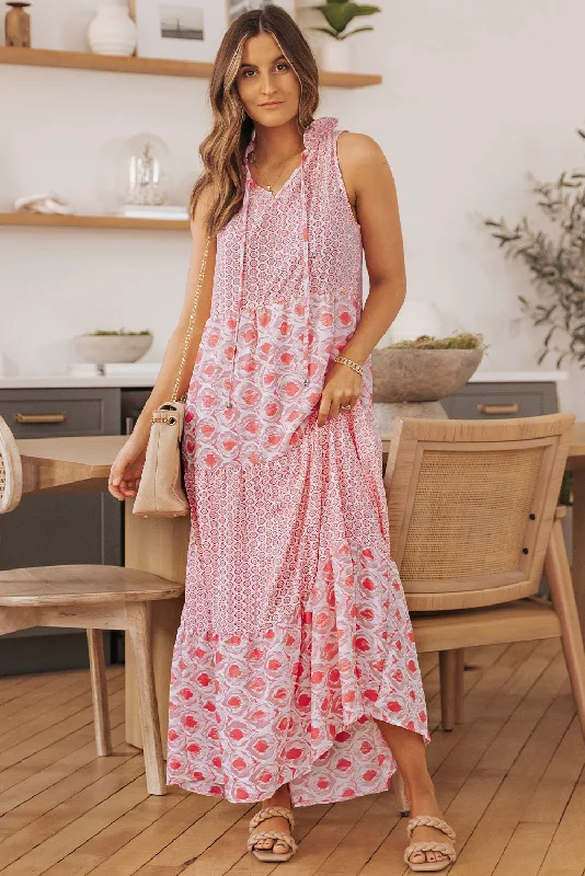 Abstract Print Split Neck Sleeveless Maxi Dress Comfortable Satin Maxi Dress