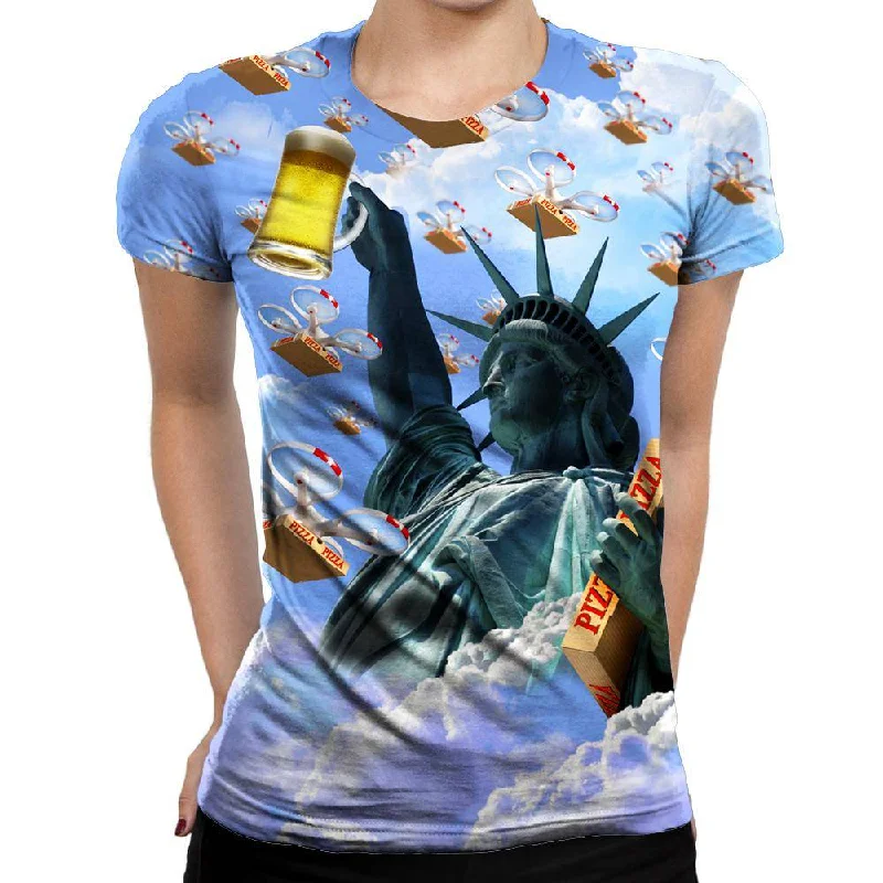 Statue Of Merica Womens T-Shirt Welt Pockets Slit Pockets