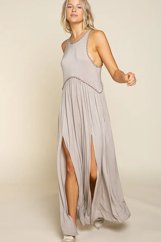 Stone Washed Side Slit Cut Out Maxi Dress *Online Only* Stylish Pleated A-Line Maxi Dress