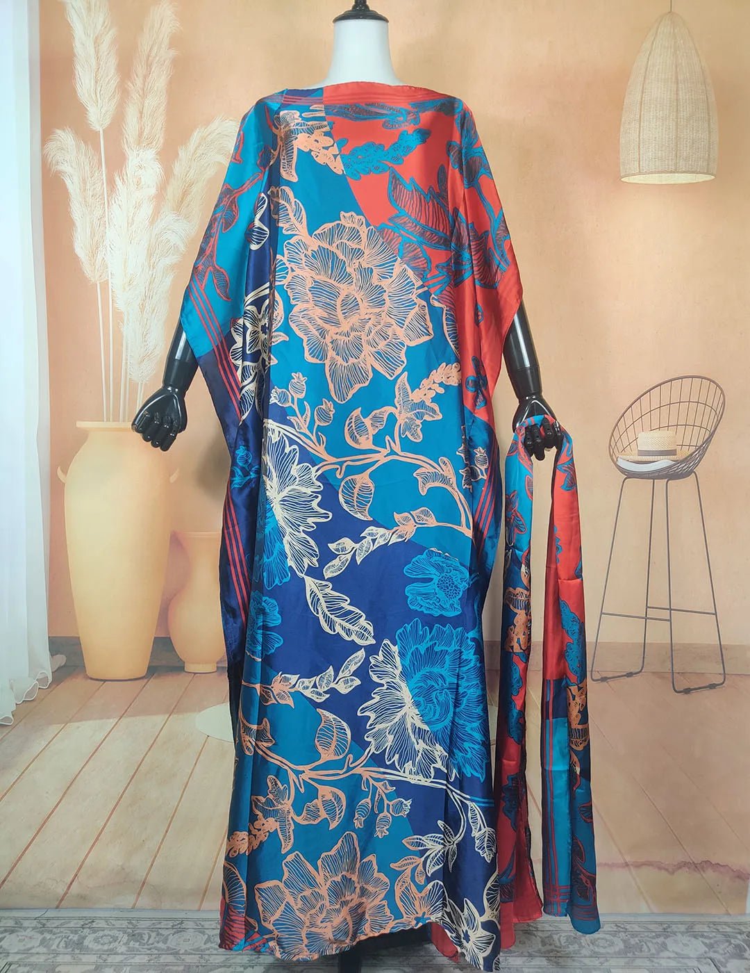 Stunning Silk Kaftan Maxi Dress with Matching Scarf: Perfect Summer Boho Beachwear for Women Elegant Silk Maxi Dress