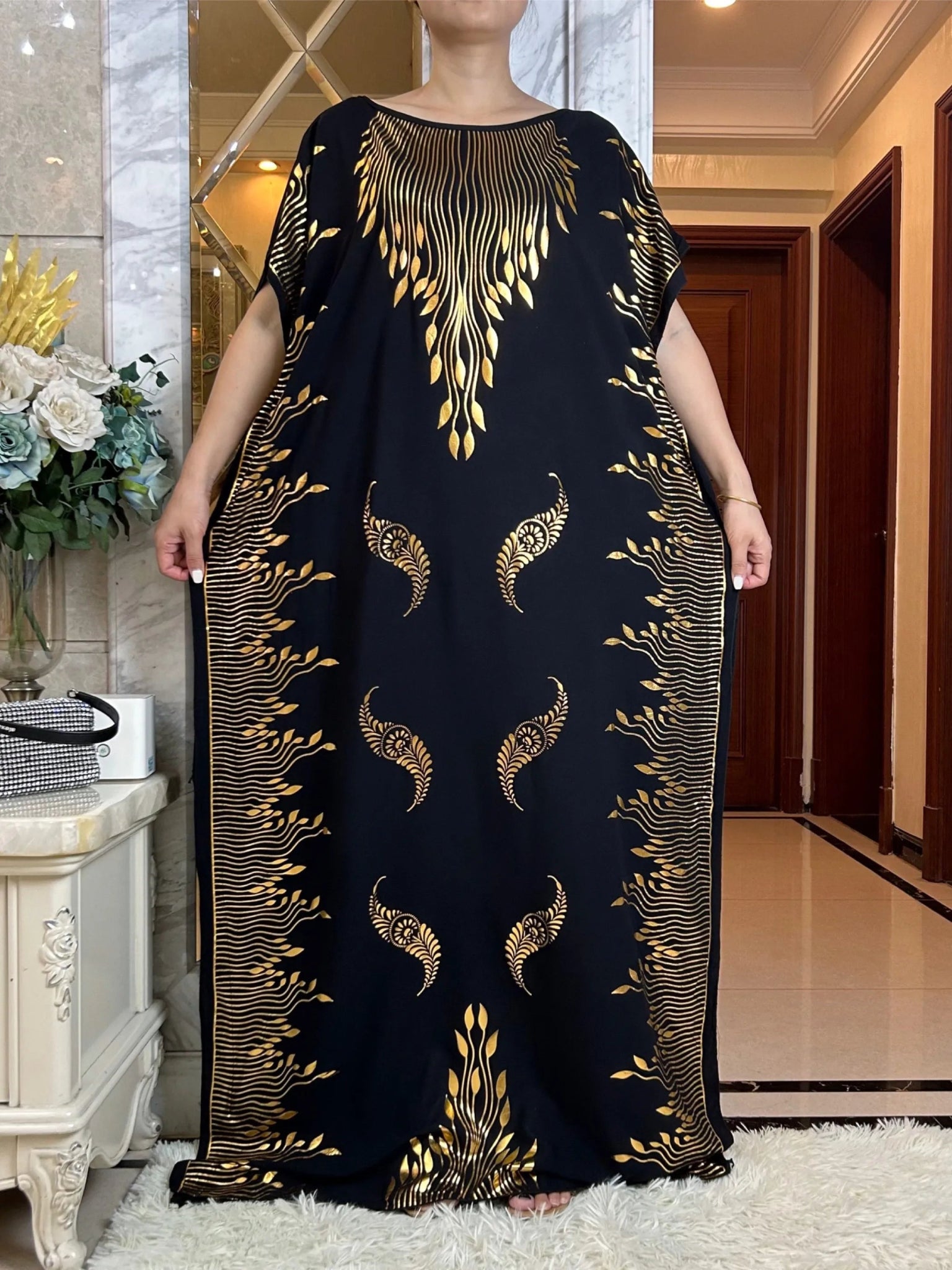 Summer Maxi Dress: Cotton with Gold Stamping, Short Sleeves, and Matching Big Scarf Trendy A-Line Maxi Dress