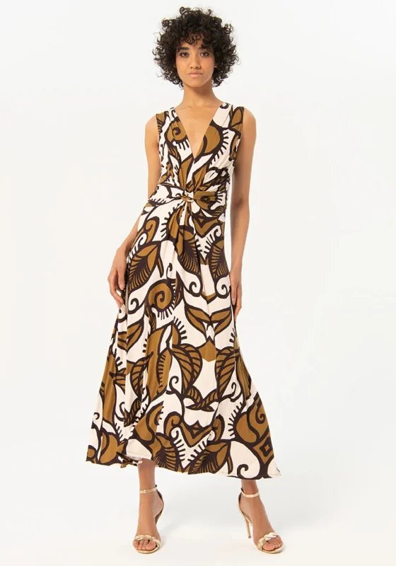 Surkana Twisted Waist Print Maxi Dress, Khaki Elegant Maxi Dress with Drapes