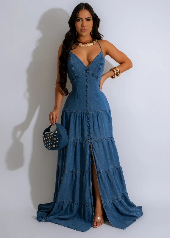 Sweet Girl Denim Maxi Dress Dark Denim Trendy Printed Maxi Dress