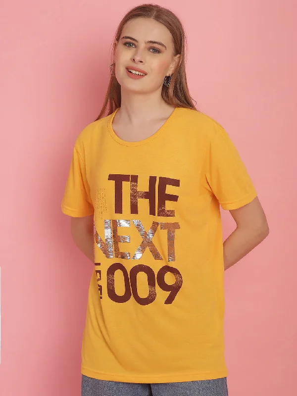 Vimal Jonney Round Neck Cotton Printed Yellow T-Shirt for Women Ribbed T-Shirt High Neck Heavyweight