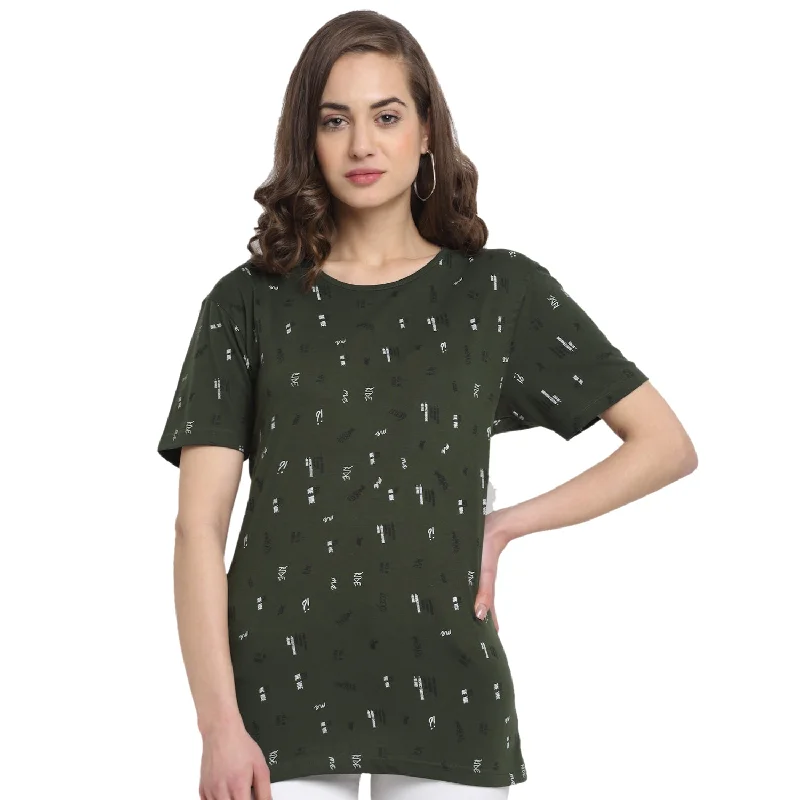 Vimal Jonney Olive Half Sleeve T-shirt For Women's Print Jacquard Patchwork