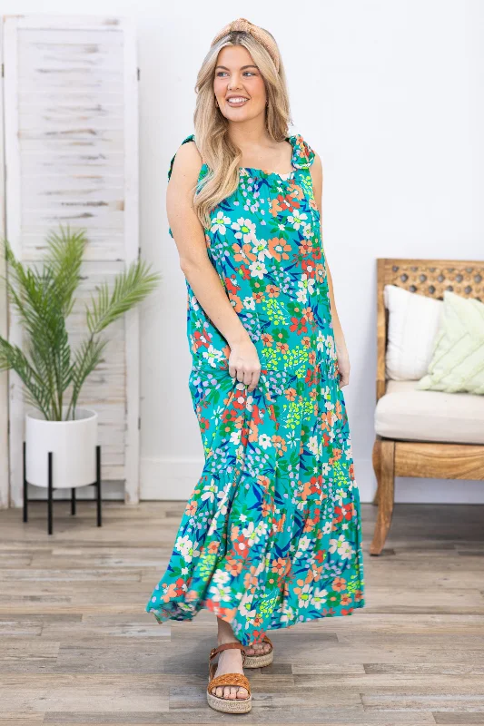 Teal Multicolor Floral Print Maxi Dress Elegant Sleeveless Maxi Dress