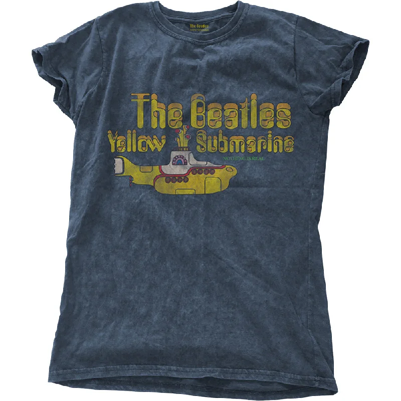 The Beatles Ladies Fashion T-Shirt: Yellow Submarine Nothing Is Real with Snow Wash Finishing Asymmetrical Pockets Print The Beatles Ladies Fashion T-Shirt: Yellow Submarine Nothing Is Real with Snow Wash Finishing Asymmetrical Pockets Print