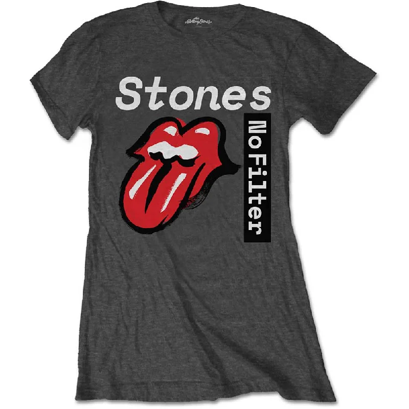 The Rolling Stones Ladies T-Shirt: No Filter Text Denim Fabric Leather Fabric Suede Fabric