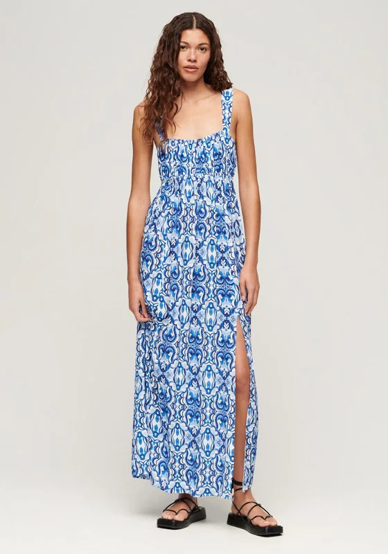 Superdry Tie Back Print Maxi Dress, Tile Print Blue Comfortable Pleated Maxi Dress