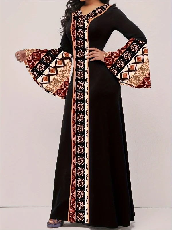 Tribal Print Patchwork Waist Maxi Dress, Elegant Flared Long Sleeve V-neck Cozy Open-Back Maxi Dress