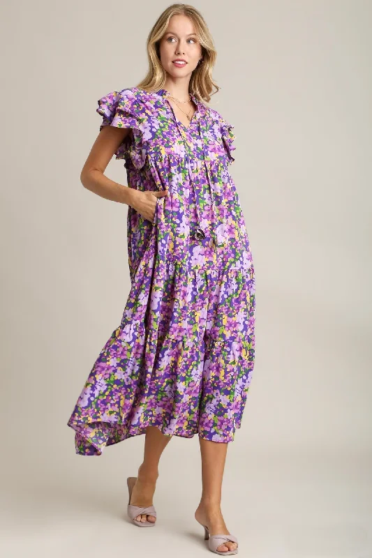 Umgee Floral Print A-Line Maxi Dress in Lavender ON ORDER Comfortable Plunging Neckline Maxi Dress