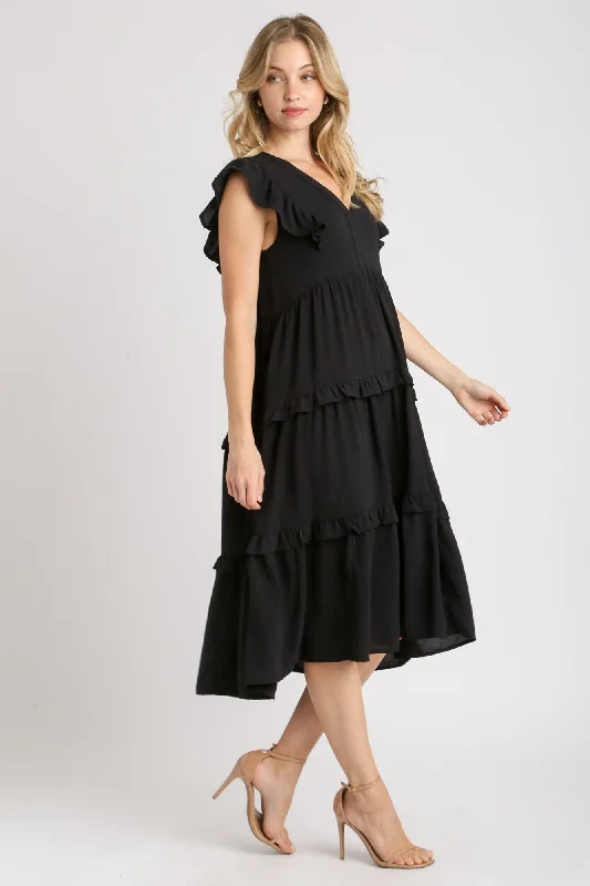 Umgee Maxi Dress with Ruffled Details in Black Elegant Maxi Dress with Slit