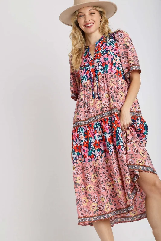 Umgee Mixed Floral Print Round Neck Maxi Dress in Navy Mix Elegant Lace-Up Maxi Dress