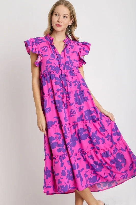 Umgee Split Neck Graphic Floral Print Tiered Maxi Dress in Magenta Mix Stylish Pleated A-Line Maxi Dress